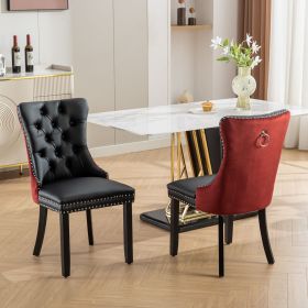 A&A Furniture Nikki Collection Modern Tufted Solid Wood Dining Chair Set, Velvet and PU Upholstered with Nailhead Trim, Black & Wine Red, 2-Piece Set