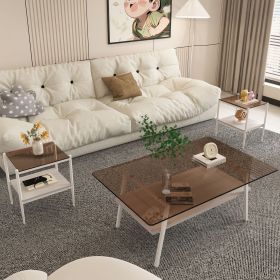 Coffee Table and End tables Set of 3, Tempered Glass Table with MDF layer, Modern Tables for Living Room , Brown Glass