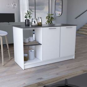 Juniper Kitchen Island With Large Dining Countertop, Double Door Cabinet with Interior Storage Shelves and, Two Open Shelves