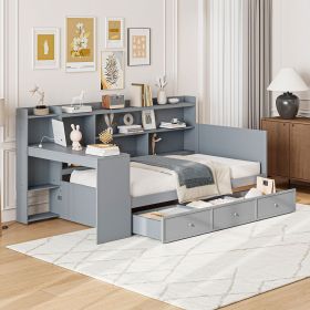 Twin Size Wooden Daybed With 3 Drawers, USB Ports and desk , Gray