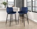 Set of 2 Pub Height Chairs Dark Blue Velvet Upholstery Modern Casual Dining Furniture Metal Legs, 29-inch Seat Height, Bar Chairs