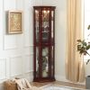 Corner Curio Cabinet with Lights, Adjustable Tempered Glass Shelves, Mirrored Back, Display Cabinet,Cherry (E26 light bulb not included)