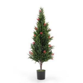 Set of 2 Artificial Cedar Topiary Trees with Red Berries, 5.25 Ft. Tall Fake Evergreen Potted Pine Plants, Faux Trees for Outdoor Home Porch Decor