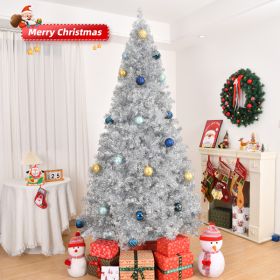 8 FT Artificial Christmas Tree, Unlit Hinged Christmas Pine Tree with 1350 Branch Tips and Sturdy Metal Stand, Silver