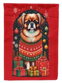 Tibetan Spaniel Holiday Christmas House Flag Large Porch Sleeve Pole Decorative Outside Yard Banner Artwork Wall Hanging, Polyester, House Size, Multi