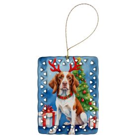 Brittany Spaniel Christmas Reindeer Porcelain Ornament Christmas Tree Hanging Decorations for Home Christmas Holiday, Rectangle, Gift, Multicolor