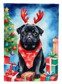 Black Pug Christmas Reindeer House Flag Large Porch Sleeve Pole Decorative Outside Yard Banner Artwork Wall Hanging, Polyester, House Size, Multicolor