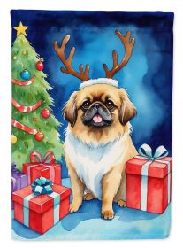 Pekingese Christmas Reindeer House Flag Large Porch Sleeve Pole Decorative Outside Yard Banner Artwork Wall Hanging, Polyester, House Size, Multicolor