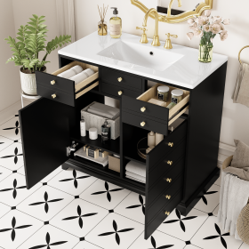 36'' Bathroom Vanity with Resin Sink Combo, Solid Wood Frame Bathroom Storage Cabinet, Freestanding Vanity Set with 2 Drawers& Soft Closing Doors, Bla