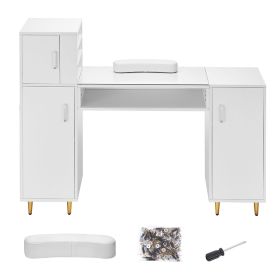 Manicure Table, Glass Top Nail Desk, Makeup Dressing Nail Station with Storage Cabinets