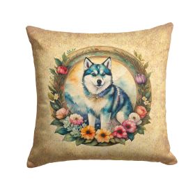 Alaskan Klee Kai and Flowers Throw Pillow Machine Washable, Indoor Outdoor Decorative Pillow for Couch, Bed or Patio, 14Hx14W