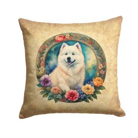Samoyed and Flowers Throw Pillow Machine Washable, Indoor Outdoor Decorative Pillow for Couch, Bed or Patio, 14Hx14W