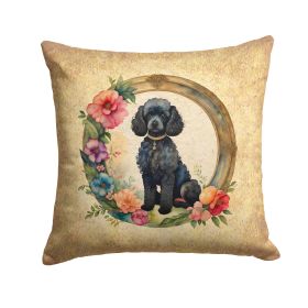 Black Poodle and Flowers Throw Pillow Machine Washable, Indoor Outdoor Decorative Pillow for Couch, Bed or Patio, 14Hx14W