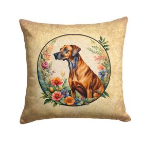 Rhodesian Ridgeback and Flowers Throw Pillow Machine Washable, Indoor Outdoor Decorative Pillow for Couch, Bed or Patio, 14Hx14W