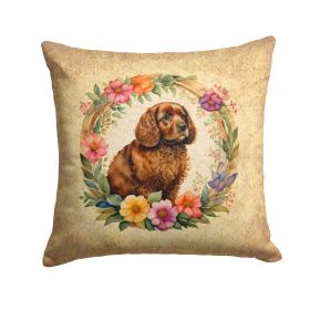 American Water Spaniel and Flowers Throw Pillow Machine Washable, Indoor Outdoor Decorative Pillow for Couch, Bed or Patio, 14Hx14W