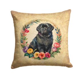 Newfoundland and Flowers Throw Pillow Machine Washable, Indoor Outdoor Decorative Pillow for Couch, Bed or Patio, 14Hx14W