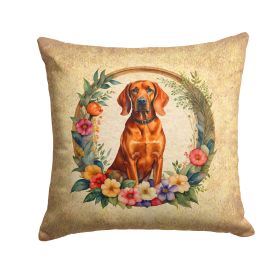 Redbone Coonhound and Flowers Throw Pillow Machine Washable, Indoor Outdoor Decorative Pillow for Couch, Bed or Patio, 14Hx14W