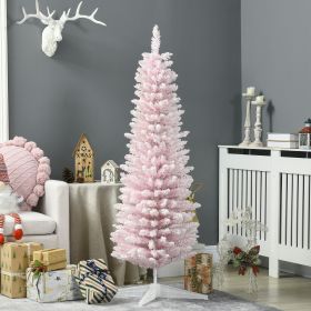 5 ft Snow Flocked Artificial Pencil Christmas Tree, Slim Xmas Tree with Realistic Branches and Plastic Base Stand for Indoor Decoration, Pink