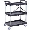 Foldable Utility Service Cart, 3 Shelf 165LBS Heavy Duty Plastic Rolling Cart with Lockable Wheels, Ergonomic Handle