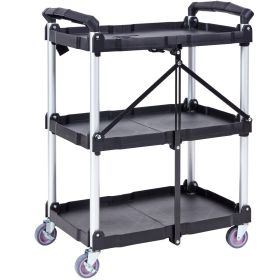 Foldable Utility Service Cart, 3 Shelf 165LBS Heavy Duty Plastic Rolling Cart with Lockable Wheels, Ergonomic Handle