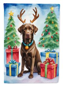 Chocolate Labrador Retriever Christmas Reindeer House Flag Large Porch Sleeve Pole Decorative Outside Yard Banner Artwork Wall Hanging, Polyester, Hou