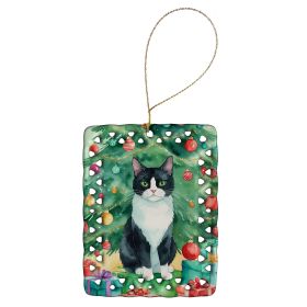Chantilly Tiffany Cat By the Christmas Tree Porcelain Ornament Christmas Tree Hanging Decorations for Home Christmas Holiday, Rectangle, Gift