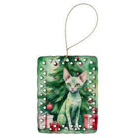 Devon Rex Cat By the Christmas Tree Porcelain Ornament Christmas Tree Hanging Decorations for Home Christmas Holiday, Rectangle, Gift, Multicolor
