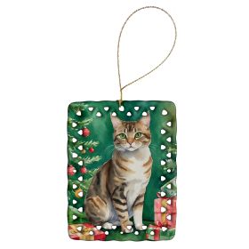 California Spangled Cat By the Christmas Tree Porcelain Ornament Christmas Tree Hanging Decorations for Home Christmas Holiday, Rectangle, Gift