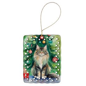 MaineCoon Cat By the Christmas Tree Porcelain Ornament Christmas Tree Hanging Decorations for Home Christmas Holiday, Rectangle, Gift, Multicolor