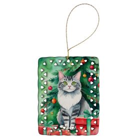 Foldex Exotic Fold Cat By the Christmas Tree Porcelain Ornament Christmas Tree Hanging Decorations for Home Christmas Holiday, Rectangle, Gift