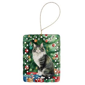 Norwegian Forest Cat By the Christmas Tree Porcelain Ornament Christmas Tree Hanging Decorations for Home Christmas Holiday, Rectangle, Gift