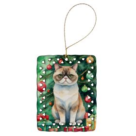Exotic Shorthair Cat By the Christmas Tree Porcelain Ornament Christmas Tree Hanging Decorations for Home Christmas Holiday, Rectangle, Gift