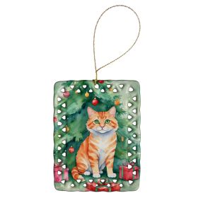 Cheetoh Cat By the Christmas Tree Porcelain Ornament Christmas Tree Hanging Decorations for Home Christmas Holiday, Rectangle, Gift, Multicolor