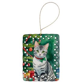 American Shorthair Cat By the Christmas Tree Porcelain Ornament Christmas Tree Hanging Decorations for Home Christmas Holiday, Rectangle, Gift