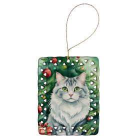 American Curl Cat By the Christmas Tree Porcelain Ornament Christmas Tree Hanging Decorations for Home Christmas Holiday, Rectangle, Gift, Multicolor
