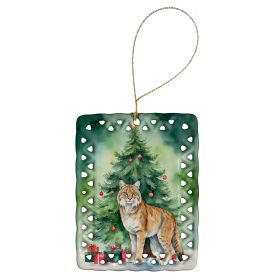 Highlander Lynx Cat By the Christmas Tree Porcelain Ornament Christmas Tree Hanging Decorations for Home Christmas Holiday, Rectangle, Gift