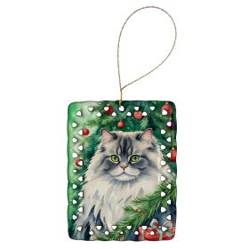 British Longhair Cat By the Christmas Tree Porcelain Ornament Christmas Tree Hanging Decorations for Home Christmas Holiday, Rectangle, Gift