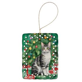 American Wirehair Cat By the Christmas Tree Porcelain Ornament Christmas Tree Hanging Decorations for Home Christmas Holiday, Rectangle, Gift