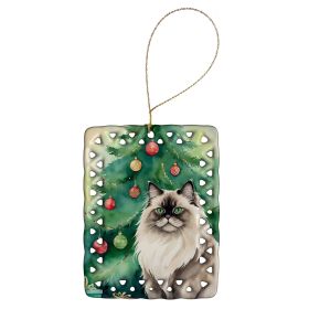 Colorpoint Longhair Cat By the Christmas Tree Porcelain Ornament Christmas Tree Hanging Decorations for Home Christmas Holiday, Rectangle, Gift