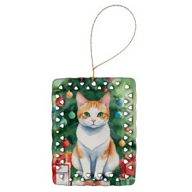 Japanese Bobtail Cat By the Christmas Tree Porcelain Ornament Christmas Tree Hanging Decorations for Home Christmas Holiday, Rectangle, Gift