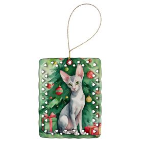 Oriental Shorthair Cat By the Christmas Tree Porcelain Ornament Christmas Tree Hanging Decorations for Home Christmas Holiday, Rectangle, Gift