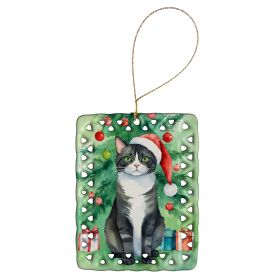 American Polydactyl Cat By the Christmas Tree Porcelain Ornament Christmas Tree Hanging Decorations for Home Christmas Holiday, Rectangle, Gift