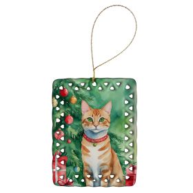 Arabian Mau Cat By the Christmas Tree Porcelain Ornament Christmas Tree Hanging Decorations for Home Christmas Holiday, Rectangle, Gift, Multicolor