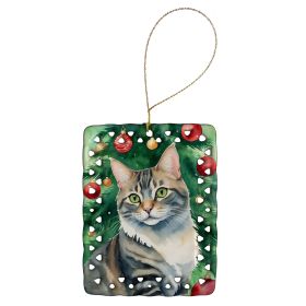 American Bobtail Cat By the Christmas Tree Porcelain Ornament Christmas Tree Hanging Decorations for Home Christmas Holiday, Rectangle, Gift