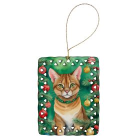 Chausie Cat By the Christmas Tree Porcelain Ornament Christmas Tree Hanging Decorations for Home Christmas Holiday, Rectangle, Gift, Multicolor