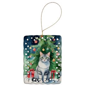 Aegean Cat By the Christmas Tree Porcelain Ornament Christmas Tree Hanging Decorations for Home Christmas Holiday, Rectangle, Gift, Multicolor