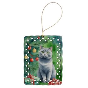 British Shorthair Cat By the Christmas Tree Porcelain Ornament Christmas Tree Hanging Decorations for Home Christmas Holiday, Rectangle, Gift