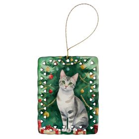 European Shorthair Cat By the Christmas Tree Porcelain Ornament Christmas Tree Hanging Decorations for Home Christmas Holiday, Rectangle, Gift