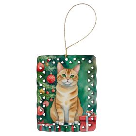 Malayan Cat By the Christmas Tree Porcelain Ornament Christmas Tree Hanging Decorations for Home Christmas Holiday, Rectangle, Gift, Multicolor