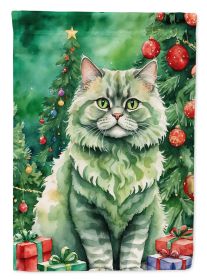 Selkirk Rex Cat By the Christmas Tree House Flag Large Porch Sleeve Pole Decorative Outside Yard Banner Artwork Wall Hanging, Polyester, House Size, M